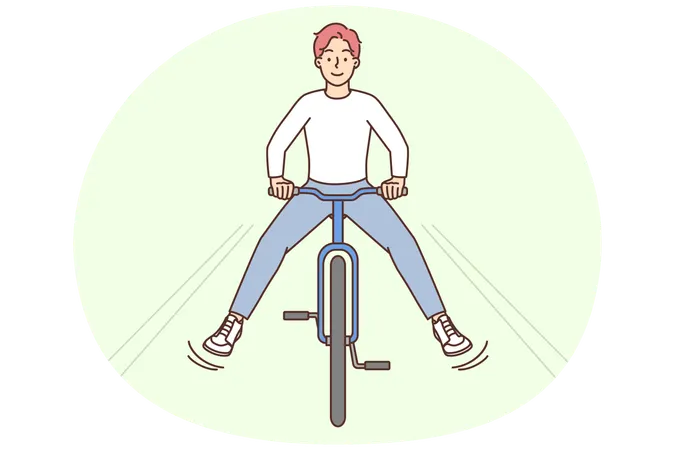 Overjoyed young man riding bike outdoors  Illustration