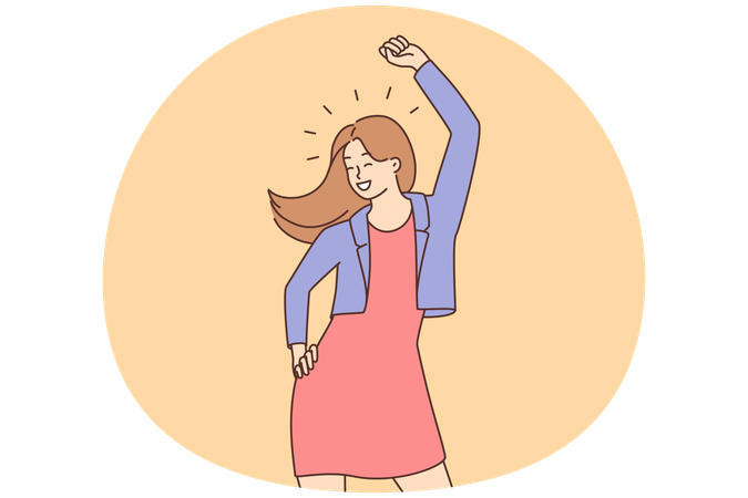 Overjoyed young woman feel joyful dancing at party.  Illustration