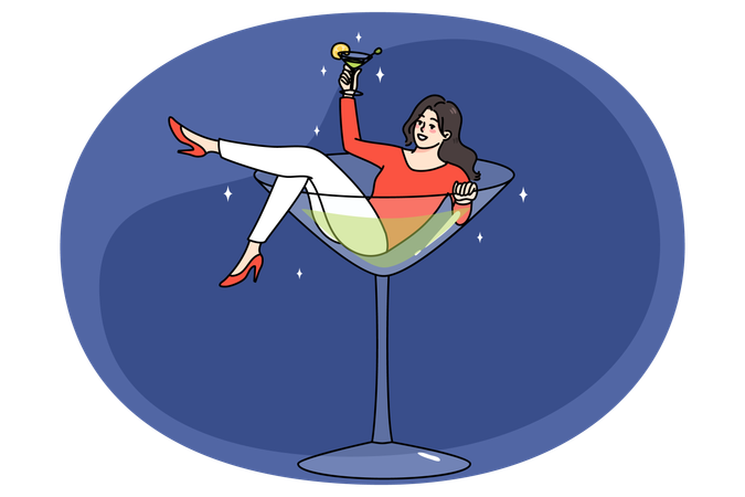 Overjoyed young woman lying in martini glass having fun drinking alcohol  Illustration