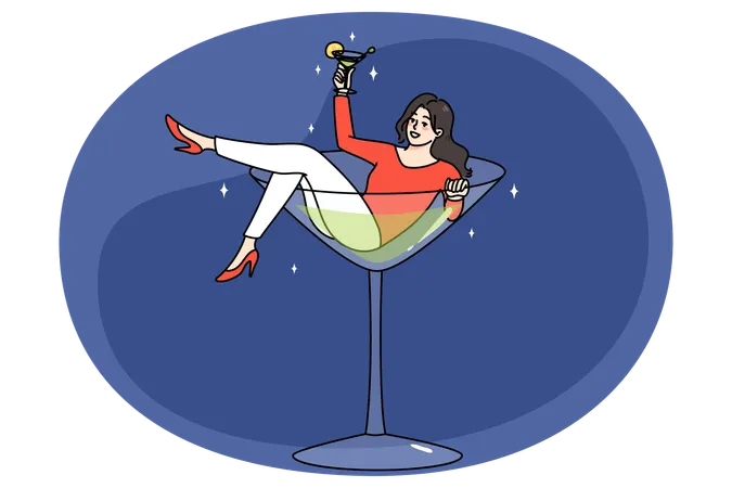 Overjoyed young woman lying in martini glass having fun drinking alcohol  Illustration