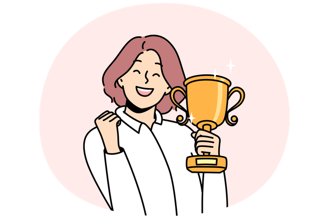 Overjoyed young woman with gold trophy in hands celebrate win  Illustration