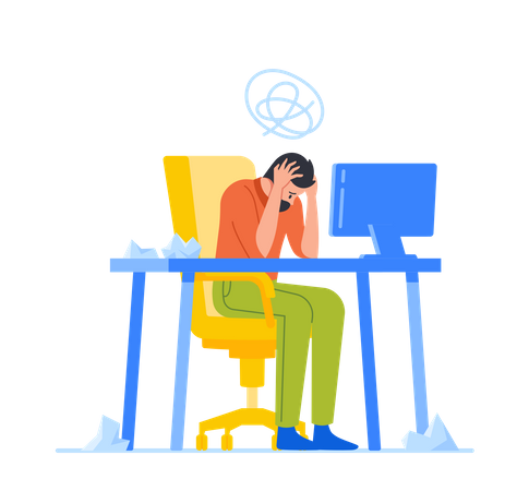 Overload Businessman Sitting at Office Workplace Holding Head with Hands  Illustration