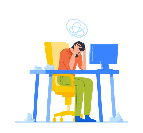 Professional Burnout Tired Overload Businessman Sitting At Office Workplace Holding Head With Hands And Heaps Of Crumpled Documents At Desk Overwork Tiredness Fatigue Cartoon Vector Illustration Illustration