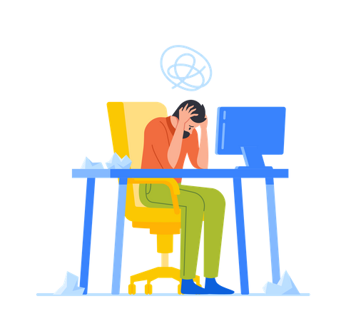 Overload Businessman Sitting at Office Workplace Holding Head with Hands  Illustration