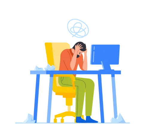 Overload Businessman Sitting at Office Workplace Holding Head with Hands  Illustration