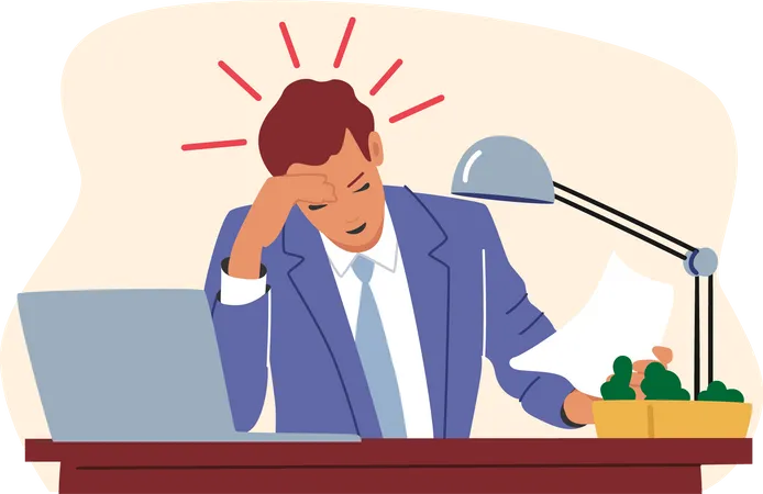 Stress Deadline Concept With Overload Stressed Employee In Office Overloaded Confused Business Man Sit At Laptop At Workplace With Headache Professional Burnout Cartoon Vector Illustration Illustration