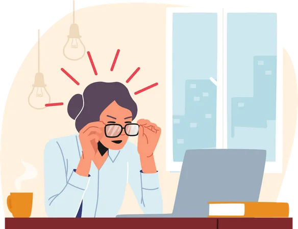 Tired Overloaded Business Woman Sit At Laptop Trying To Figure Out Information Through Glasses At Workplace Stress Deadline Burnout With Stressed Workaholic Employee Cartoon Vector Illustration Illustration