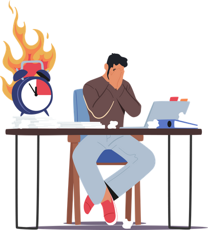 Overloaded Male Employee Sitting at Workplace with Computer and Heap of Documents Illustration
