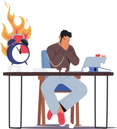 Overloaded Male Employee Sitting at Workplace with Computer and Heap of Documents Illustration