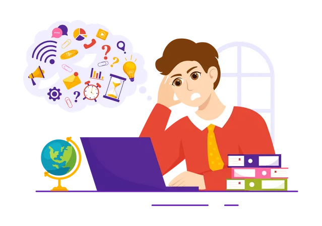 Overloading Vector Illustration With Busy Work And Multitasking Employee To Finish Many Documents Or Digital Information In Hand Drawn Templates Illustration
