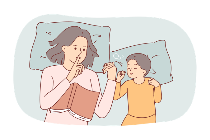Overprotection from mother making gesture of silence lying in bed with sleeping child  Illustration