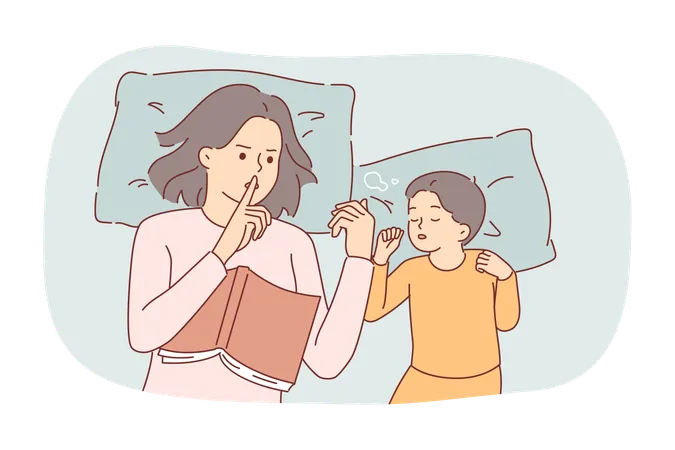 Overprotection From Mother Making Gesture Of Silence Lying In Bed With Sleeping Child After Reading Fairy Tales Young Girl Demonstrates Overprotection When Raising Son Wanting To Keep Baby Slumber Illustration