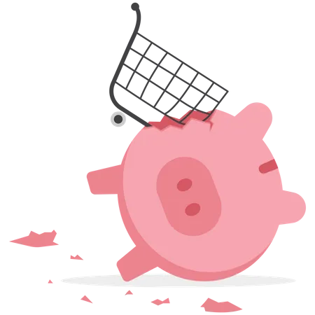 Overspending On Shopping Online Causing Debt Poverty Losing Money Or Impact Savings Over Budget Or Financial Failure Concept Shopping Cart Trolley Crash And Broke Sad Saving Or Budget Piggy Bank Illustration