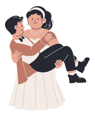 Overweight Bride lifting Thin Groom  Illustration