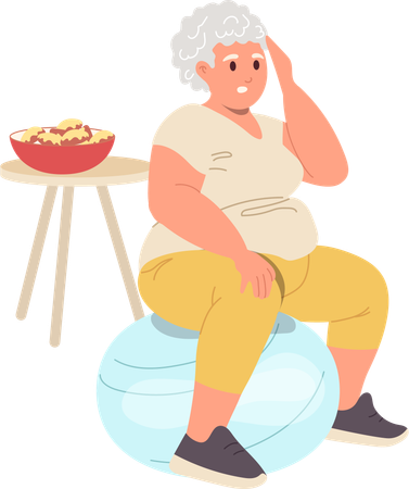 Overweight fatty elderly woman doing training workout on gymball to loss weight  Illustration