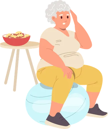 Overweight fatty elderly woman doing training workout on gymball to loss weight  Illustration