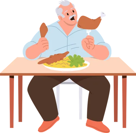 Senior Aged Man Hunger Character With Overweight Eating Junk Unhealthy Food Sitting At Table Having Uncontrolled Appetite And Gluttony Disorder Vector Illustration Isolated On White Background Illustration