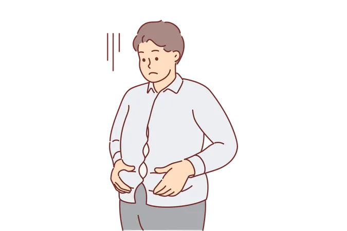Overweight man is upset holding stomach dressed in small shirt and needs to consult nutritionist  일러스트레이션