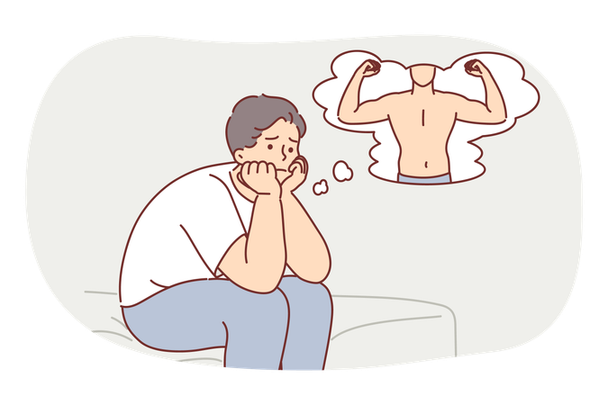Overweight man presents his own beautiful body after visiting fitness club or nutritionist  Illustration