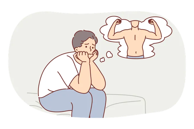 Overweight Man Presents Own Beautiful Body After Visiting Fitness Club Or Nutritionist Overweight Guy Needs Right Diet And Exercise To Get Rid Of Complexes That Destroy Moral Health Illustration
