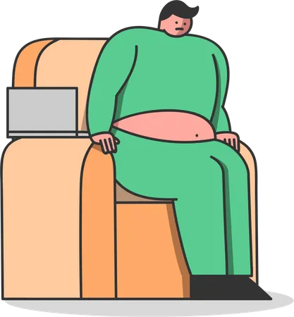 Lazy Man With Overweight Raising From Armchair Weight Loss Heart Diseases And Unhealthy Lifestyle Concept Fat Male Cartoon Character Working From Home Flat Vector Illustration イラスト