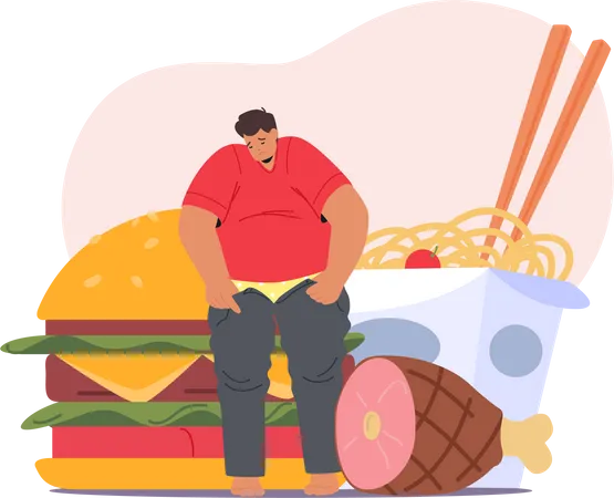 Overweight Man Struggles To Close Undersized Pants Due To Excessive Girth Need For Proper Fitting Attire Obese Male Character Having Problems With Clothes Cartoon People Vector Illustration イラスト