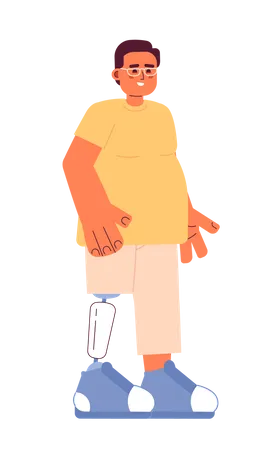 Overweight Man With Prosthetic Leg 2 D Cartoon Character Happy Eyeglasses Man With Artificial Leg Isolated Vector Person White Background Disabled Adult Guy Standing Color Flat Spot Illustration Illustration