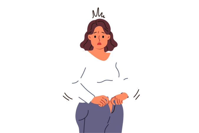 Overweight woman cannot fit into old jeans due to excess weight caused by overeating  Illustration