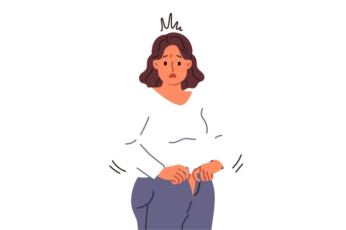 Overweight woman cannot fit into old jeans due to excess weight caused by overeating  Illustration