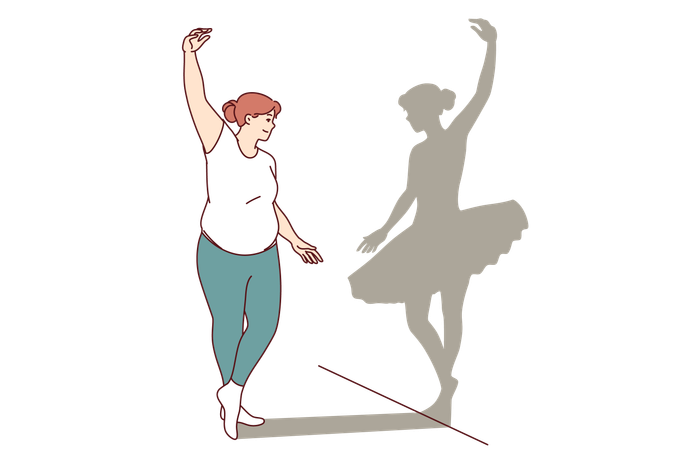 Overweight woman dreams of becoming ballerina and getting rid excess weight sees shadow thin girl  일러스트레이션