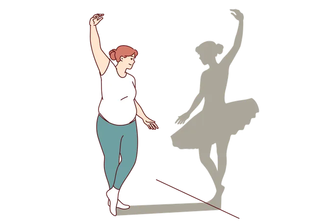 Overweight Woman Dreams Of Becoming Ballerina And Getting Rid Of Excess Weight Sees Shadow Of Thin Girl On Wall Concept Of High Self Esteem In Overweight Girl Does Not Notice Problems Illustration