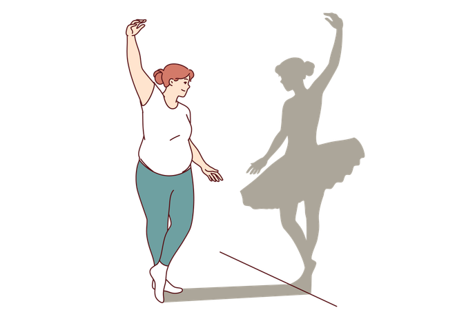 Overweight woman dreams of becoming ballerina and getting rid excess weight sees shadow thin girl  Illustration