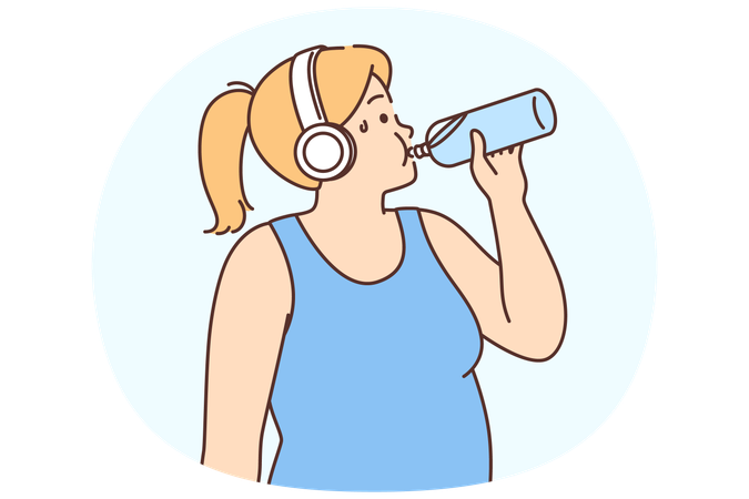 Overweight woman in headphones drink water  Illustration
