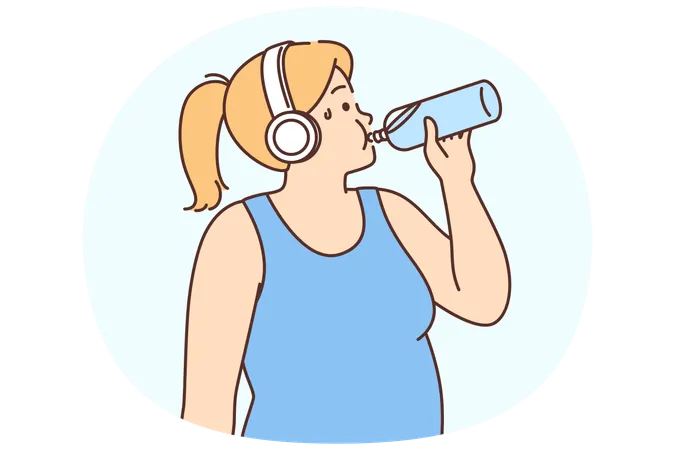 Overweight woman in headphones drink water  Illustration