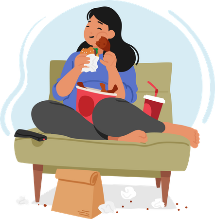 Overweight woman is consumed by her eating obsession  Illustration