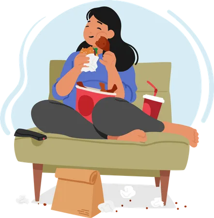 Overweight Woman Is Consumed By Her Obsession With Eating Can Not Control Her Impulses And Find Balance In Her Life Female Character Sitting On Sofa With Fastfood Cartoon People Vector Illustration Illustration