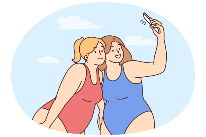 Overweight women in bikinis make selfie  Illustration