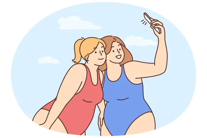 Overweight women in bikinis make selfie  Illustration