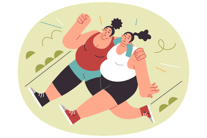 Overweight women run through park hugging each other  Illustration