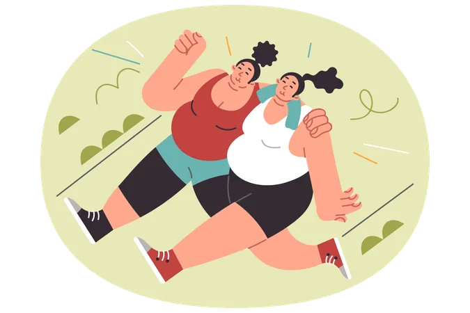 Overweight women run through park hugging each other  Illustration