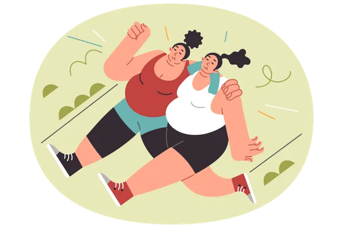Overweight women run through park hugging each other wanting to lose weight through sports  Illustration