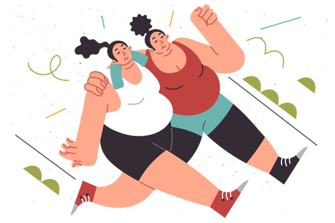 Overweight women run through park while hugging each other  Illustration