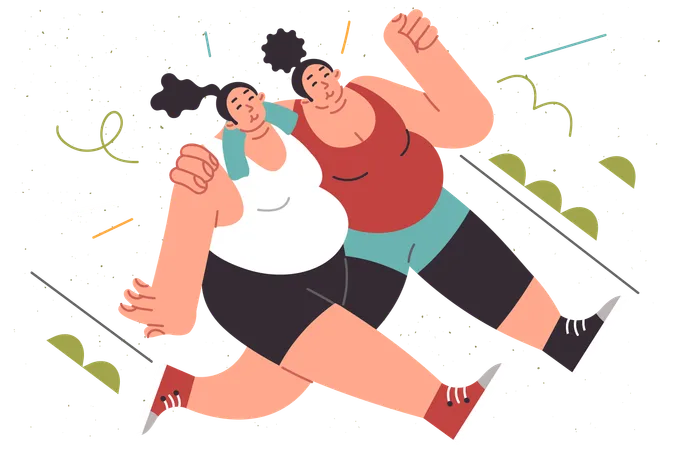 Overweight Women Run Through Park Hugging Each Other Wanting To Lose Weight Through Sports Or Preparing For Marathon Oversized Girls Run Down Street To Fight Excess Weight And Get Beautiful Figure Illustration