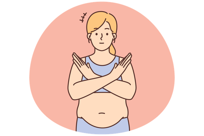 Overweight young woman showing no hand gesture to stop eating  Illustration