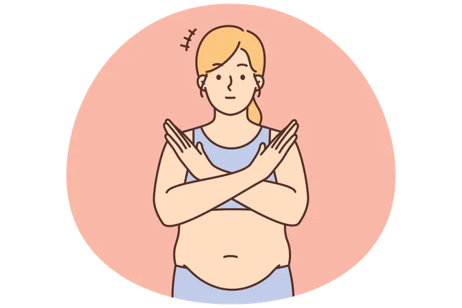 Overweight young woman showing no hand gesture to stop eating  Illustration
