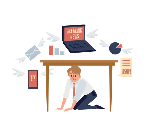 Overwhelmed at work man in stress tries to hide from information overload.  Illustration