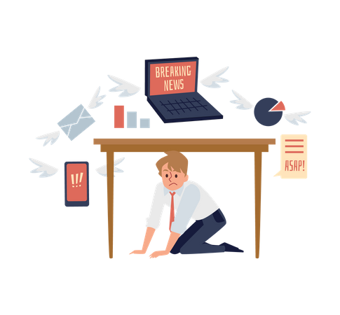 Overwhelmed at work man in stress tries to hide from information overload.  Illustration