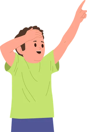 Overwhelmed boy pointing up with finger hand gesture  Illustration