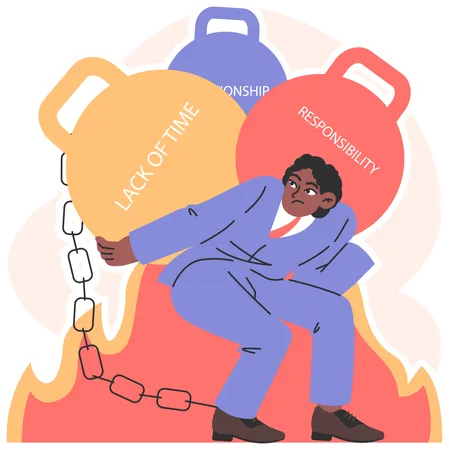 Overwhelmed businessman bending under heavy stressors  Illustration