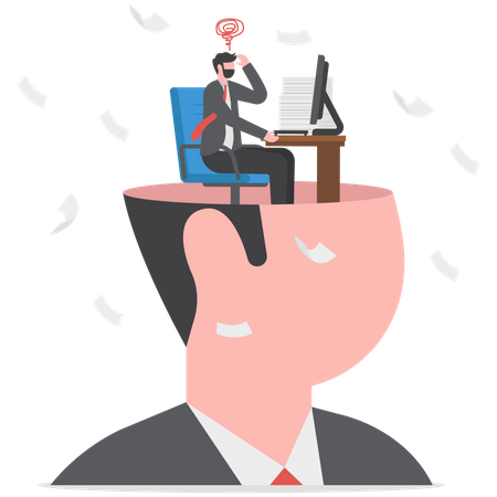 Overwhelmed frustrated businessman working hard on his busy head  Illustration